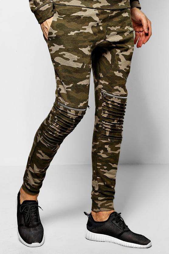 Skinny Fit Camo Biker Joggers With Zips